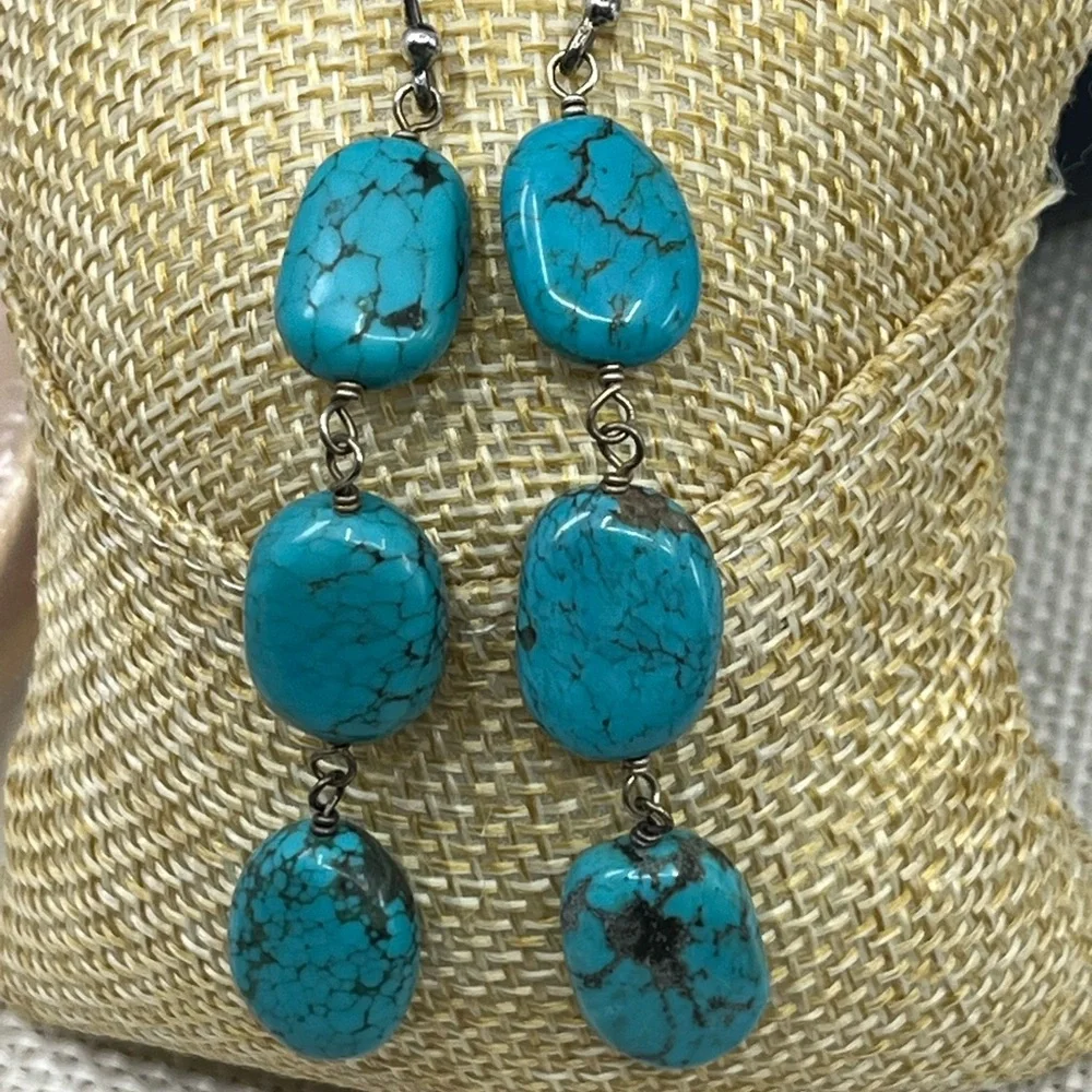 Sally C Treasures SX Sterling Silver Turquoise Dangle Earrings 925 Estate - Picture 5 of 17